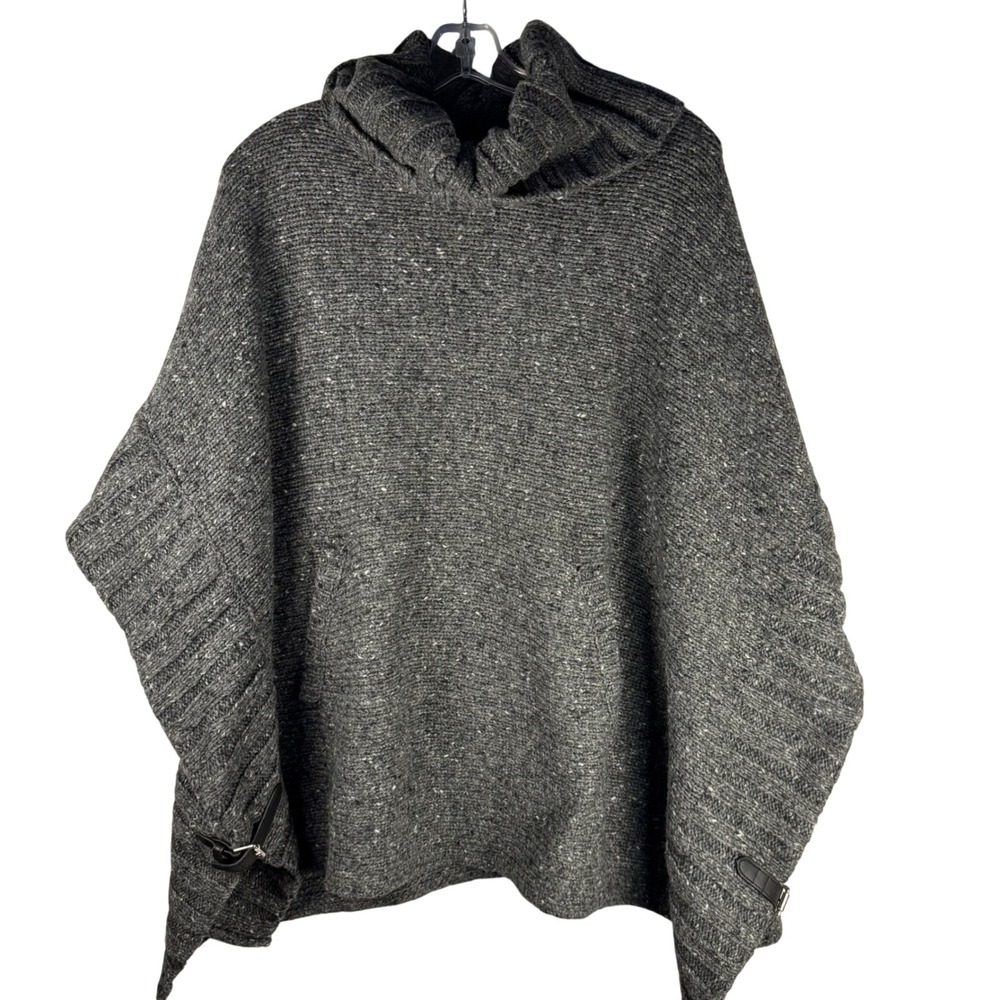 Cynthia Rowley Womens Grey Wool Blend Cowl Neck Poncho Sweater Buckle Detail L